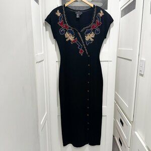 Vintage Carole Little Sweater Dress Midi Beaded Ethnic Embroidery Asymmetrical